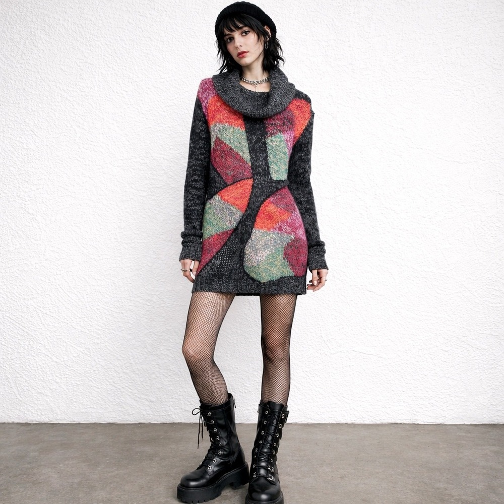 VTG 90s Patchwork Sweater Dress Size L Cowl Neck Boho Art Knit